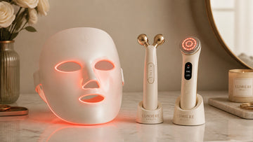 Red light therapy mask and facial devices arranged in a soft, neutral beauty setting