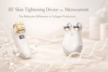 RF skin tightening device and microcurrent facial device shown together with a molecular skincare illustration